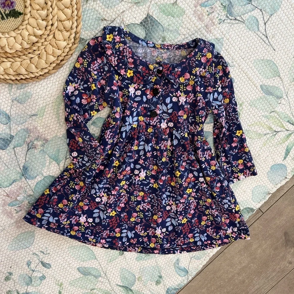 Vintage Toddler Girl’s Boho Cotton Floral Long-Sleeve Dress size 2T Fall
